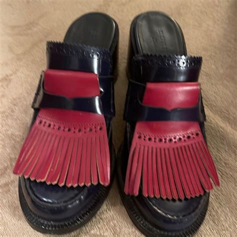 burberry english icons mules navy blue|Authentic Burberry English Icons Fringes Beckshill Block Heel .